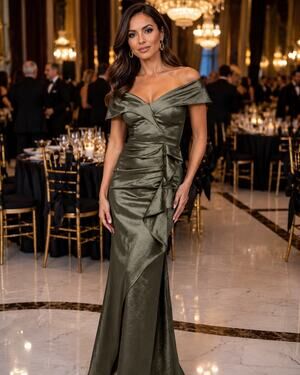 Xscape Evenings Off the Shoulder Taffeta Gown in Olive Green Size 4. NWOT